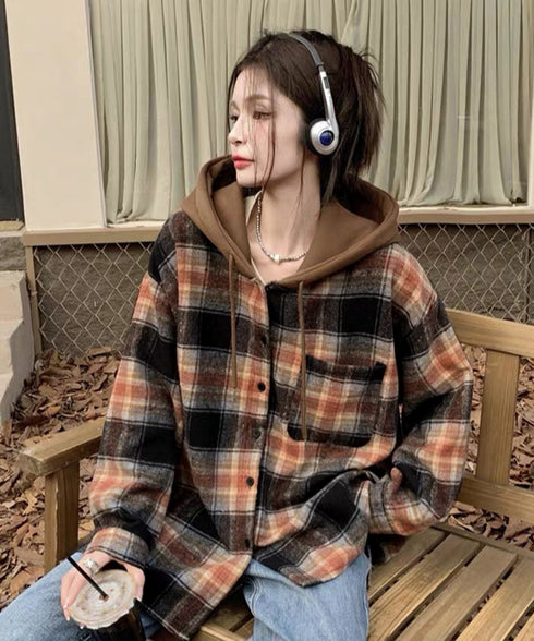 チェックフードシャツ レイヤード風シャツ オーバーサイズ チェックシャツレディース 重ね着風 パーカーシャツ 長袖秋冬服 韓国風ライトアウター ネルシャツアウター 1YGL-003