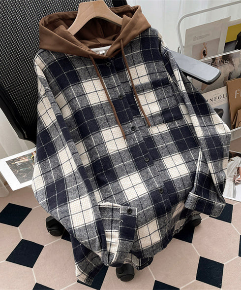 チェックフードシャツ レイヤード風シャツ オーバーサイズ チェックシャツレディース 重ね着風 パーカーシャツ 長袖秋冬服 韓国風ライトアウター ネルシャツアウター 1YGL-003