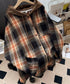 チェックフードシャツ レイヤード風シャツ オーバーサイズ チェックシャツレディース 重ね着風 パーカーシャツ 長袖秋冬服 韓国風ライトアウター ネルシャツアウター 1YGL-003