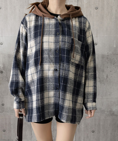 チェックフードシャツ レイヤード風シャツ オーバーサイズ チェックシャツレディース 重ね着風 パーカーシャツ 長袖秋冬服 韓国風ライトアウター ネルシャツアウター 1YGL-003