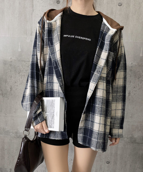 チェックフードシャツ レイヤード風シャツ オーバーサイズ チェックシャツレディース 重ね着風 パーカーシャツ 長袖秋冬服 韓国風ライトアウター ネルシャツアウター 1YGL-003