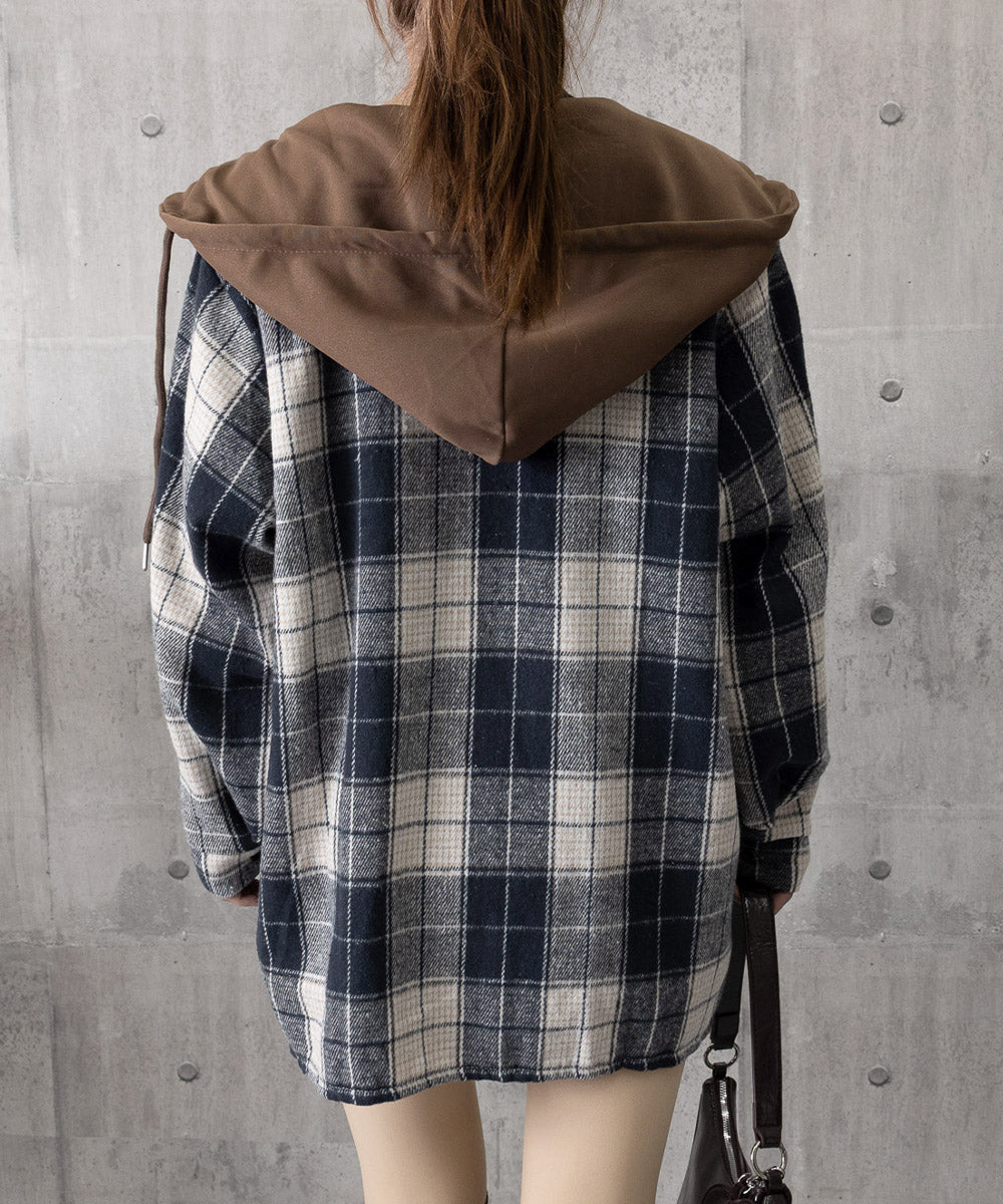 チェックフードシャツ レイヤード風シャツ