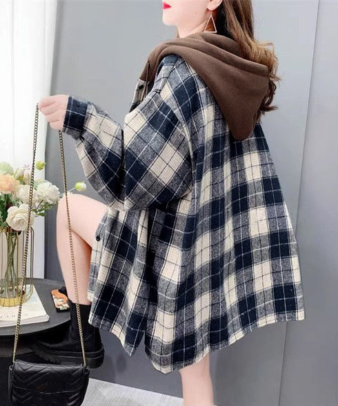 チェックフードシャツ レイヤード風シャツ オーバーサイズ チェックシャツレディース 重ね着風 パーカーシャツ 長袖秋冬服 韓国風ライトアウター ネルシャツアウター 1YGL-003