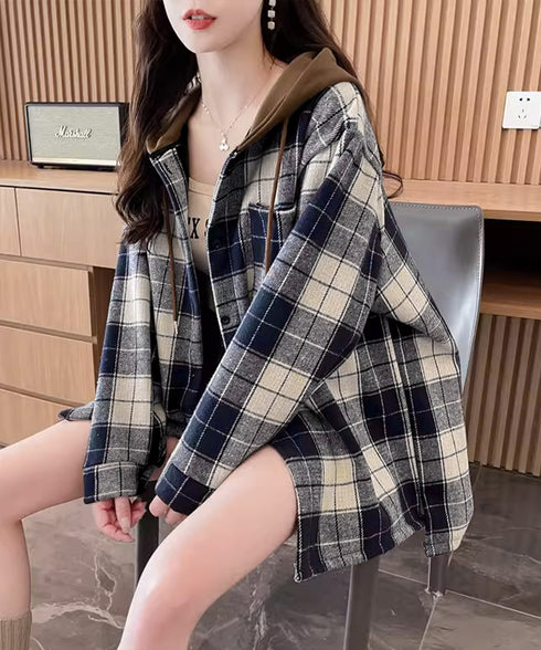 チェックフードシャツ レイヤード風シャツ オーバーサイズ チェックシャツレディース 重ね着風 パーカーシャツ 長袖秋冬服 韓国風ライトアウター ネルシャツアウター 1YGL-003