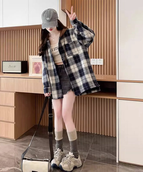 チェックフードシャツ レイヤード風シャツ オーバーサイズ チェックシャツレディース 重ね着風 パーカーシャツ 長袖秋冬服 韓国風ライトアウター ネルシャツアウター 1YGL-003