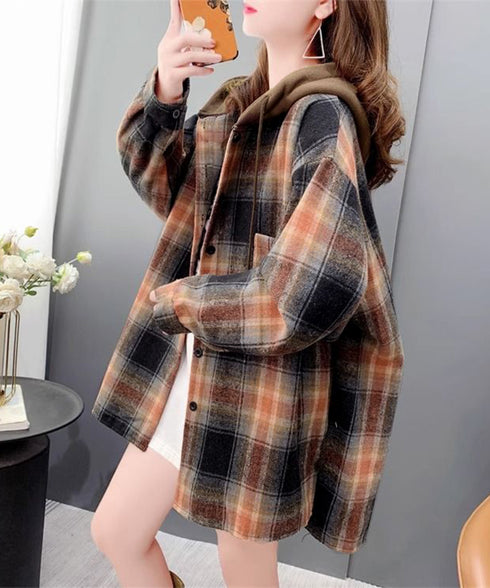 チェックフードシャツ レイヤード風シャツ オーバーサイズ チェックシャツレディース 重ね着風 パーカーシャツ 長袖秋冬服 韓国風ライトアウター ネルシャツアウター 1YGL-003