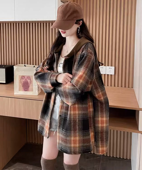 チェックフードシャツ レイヤード風シャツ オーバーサイズ チェックシャツレディース 重ね着風 パーカーシャツ 長袖秋冬服 韓国風ライトアウター ネルシャツアウター 1YGL-003