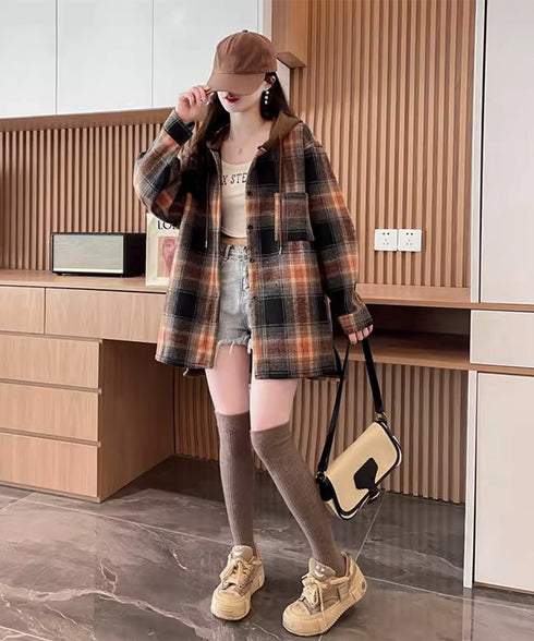 チェックフードシャツ レイヤード風シャツ オーバーサイズ チェックシャツレディース 重ね着風 パーカーシャツ 長袖秋冬服 韓国風ライトアウター ネルシャツアウター 1YGL-003