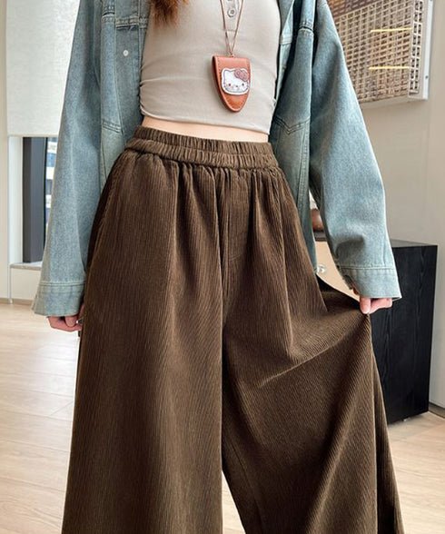 フリル裾ワイドパンツ コーデュロイパンツ レディース ゆったり ロングガウチョパンツ ウエストゴムフレアパンツ カジュアルスカンツ春秋ハイウエストリラックスパンツ 1YGL-005