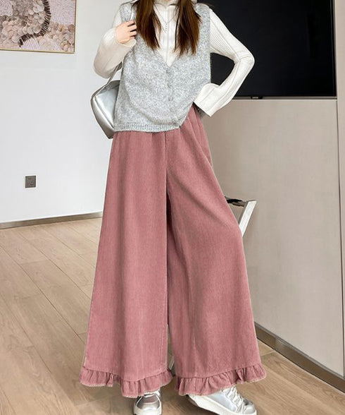 フリル裾ワイドパンツ コーデュロイパンツ レディース ゆったり ロングガウチョパンツ ウエストゴムフレアパンツ カジュアルスカンツ春秋ハイウエストリラックスパンツ 1YGL-005