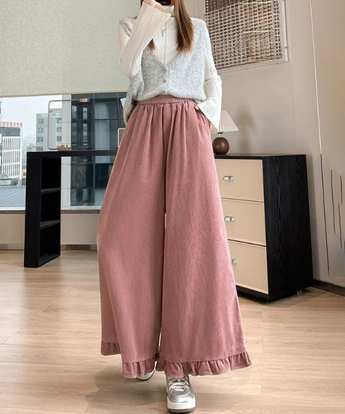 フリル裾ワイドパンツ コーデュロイパンツ レディース ゆったり ロングガウチョパンツ ウエストゴムフレアパンツ カジュアルスカンツ春秋ハイウエストリラックスパンツ 1YGL-005