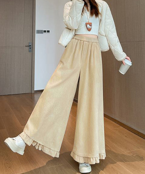 フリル裾ワイドパンツ コーデュロイパンツ レディース ゆったり ロングガウチョパンツ ウエストゴムフレアパンツ カジュアルスカンツ春秋ハイウエストリラックスパンツ 1YGL-005