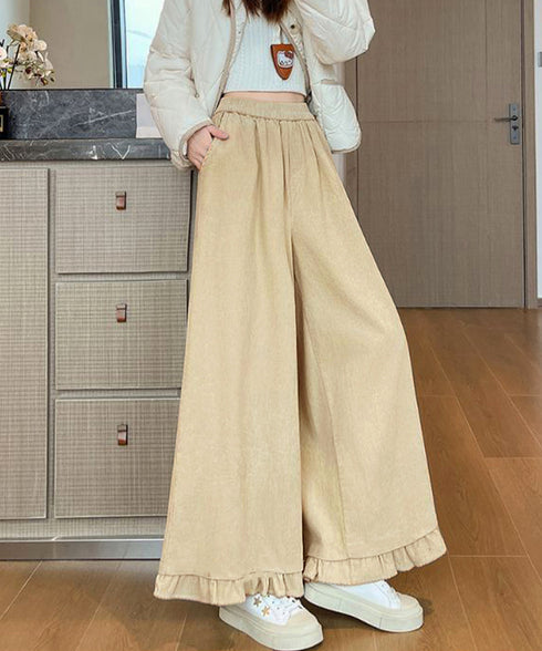 フリル裾ワイドパンツ コーデュロイパンツ レディース ゆったり ロングガウチョパンツ ウエストゴムフレアパンツ カジュアルスカンツ春秋ハイウエストリラックスパンツ 1YGL-005