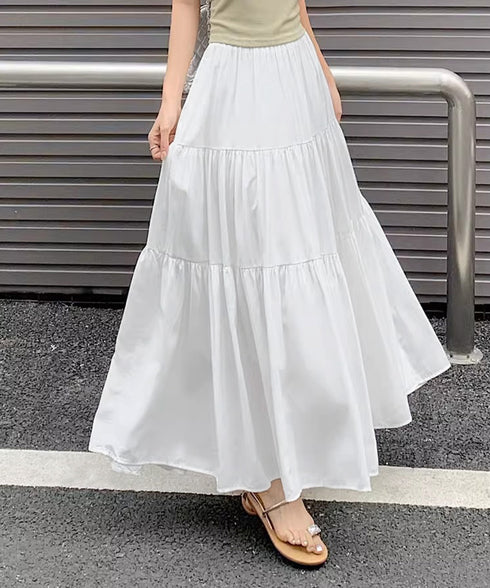 ティアードロングスカート レディース春夏 ハイウエストプリーツスカート 体型カバーボトムス ウエストゴム 切り替えフレアスカート きれいめ大人可愛いマキシスカート 1YIMEIKA-001