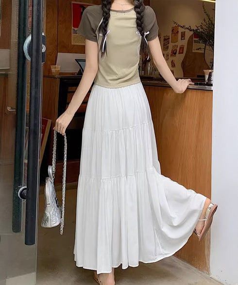 ティアードロングスカート レディース春夏 ハイウエストプリーツスカート 体型カバーボトムス ウエストゴム 切り替えフレアスカート きれいめ大人可愛いマキシスカート 1YIMEIKA-001