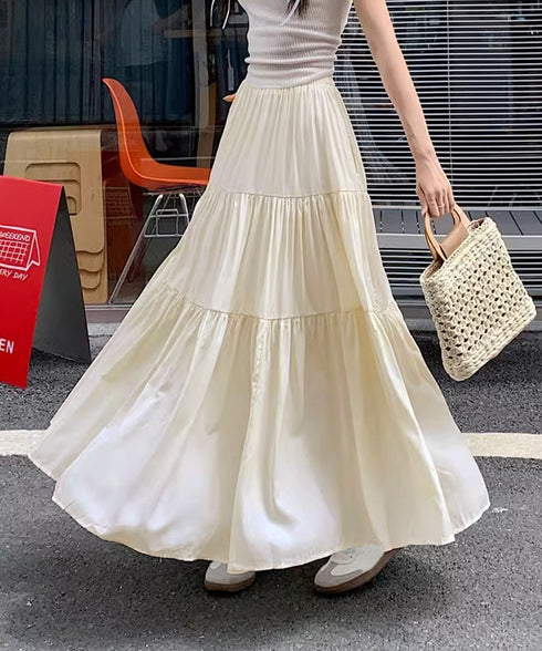 ティアードロングスカート レディース春夏 ハイウエストプリーツスカート 体型カバーボトムス ウエストゴム 切り替えフレアスカート きれいめ大人可愛いマキシスカート 1YIMEIKA-001