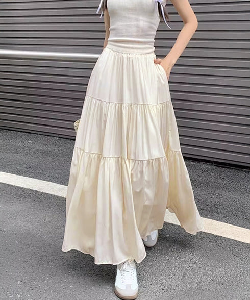 ティアードロングスカート レディース春夏 ハイウエストプリーツスカート 体型カバーボトムス ウエストゴム 切り替えフレアスカート きれいめ大人可愛いマキシスカート 1YIMEIKA-001