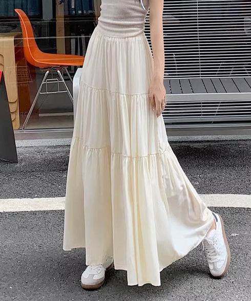 ティアードロングスカート レディース春夏 ハイウエストプリーツスカート 体型カバーボトムス ウエストゴム 切り替えフレアスカート きれいめ大人可愛いマキシスカート 1YIMEIKA-001