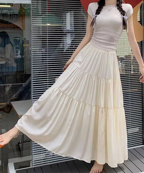 ティアードロングスカート レディース春夏 ハイウエストプリーツスカート 体型カバーボトムス ウエストゴム 切り替えフレアスカート きれいめ大人可愛いマキシスカート 1YIMEIKA-001