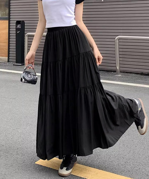 ティアードロングスカート レディース春夏 ハイウエストプリーツスカート 体型カバーボトムス ウエストゴム 切り替えフレアスカート きれいめ大人可愛いマキシスカート 1YIMEIKA-001