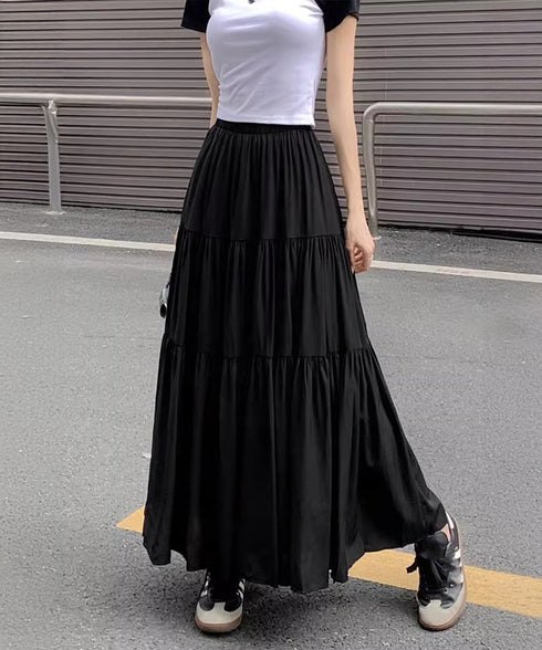 ティアードロングスカート レディース春夏 ハイウエストプリーツスカート 体型カバーボトムス ウエストゴム 切り替えフレアスカート きれいめ大人可愛いマキシスカート 1YIMEIKA-001