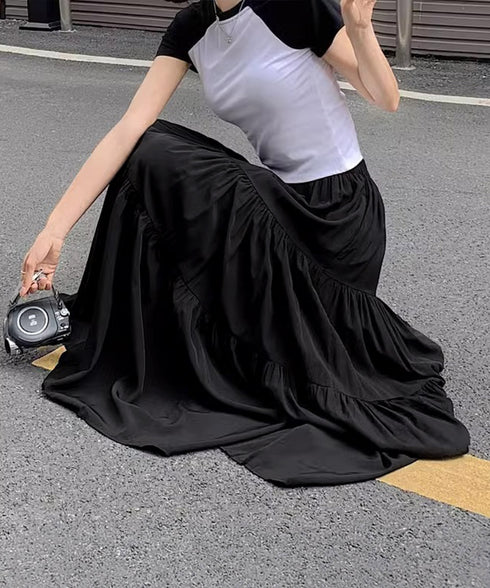 ティアードロングスカート レディース春夏 ハイウエストプリーツスカート 体型カバーボトムス ウエストゴム 切り替えフレアスカート きれいめ大人可愛いマキシスカート 1YIMEIKA-001