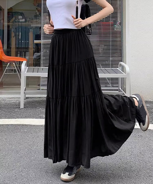 ティアードロングスカート レディース春夏 ハイウエストプリーツスカート 体型カバーボトムス ウエストゴム 切り替えフレアスカート きれいめ大人可愛いマキシスカート 1YIMEIKA-001