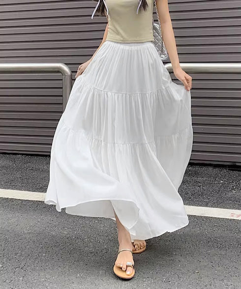 ティアードロングスカート レディース春夏 ハイウエストプリーツスカート 体型カバーボトムス ウエストゴム 切り替えフレアスカート きれいめ大人可愛いマキシスカート 1YIMEIKA-001