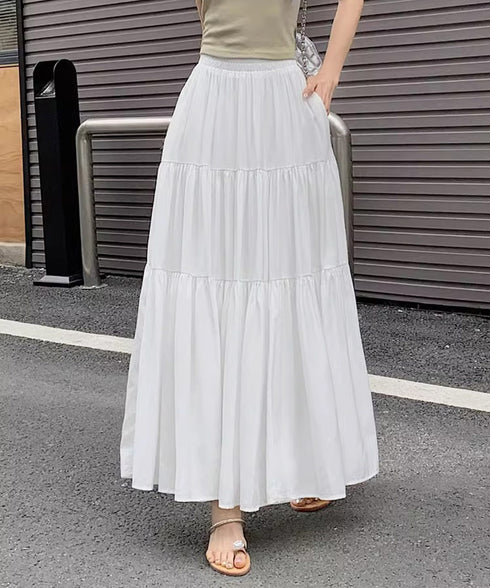 ティアードロングスカート レディース春夏 ハイウエストプリーツスカート 体型カバーボトムス ウエストゴム 切り替えフレアスカート きれいめ大人可愛いマキシスカート 1YIMEIKA-001