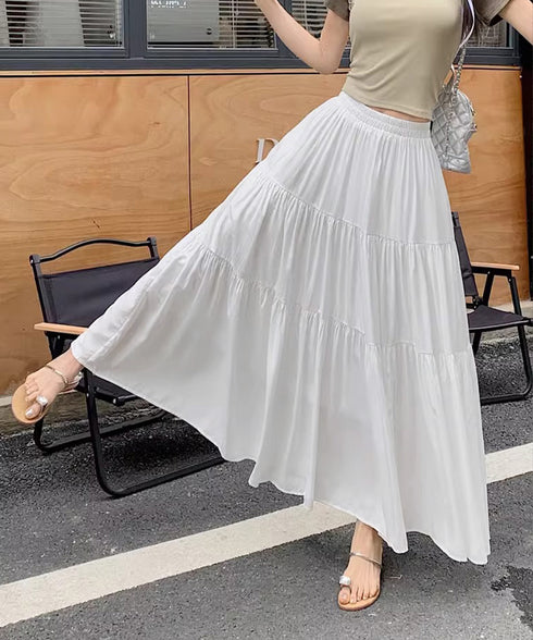 ティアードロングスカート レディース春夏 ハイウエストプリーツスカート 体型カバーボトムス ウエストゴム 切り替えフレアスカート きれいめ大人可愛いマキシスカート 1YIMEIKA-001
