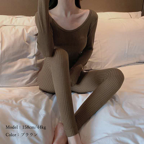 暖かい インナー 上下セット レディース uネック トップス 長袖 ヒートインナー パンツ ルームウエア あったか パジャマ 部屋着セット ストレッチ 肌着 女性 1YIMU-001