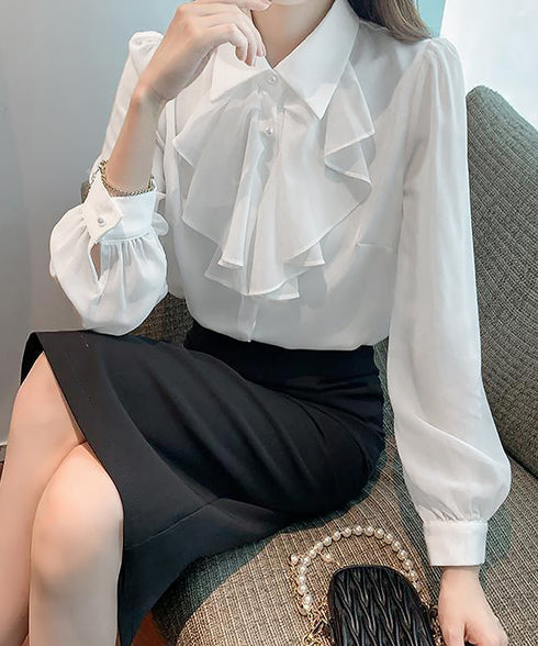 フリルリボンブラウス韓国風シャツブラウス レディース きれいめ 長袖シャツ 無地 オフィスカジュアル 通勤OL春服 フォーマルフェミニントップス 着やせ体型カバー 1YIQI-002