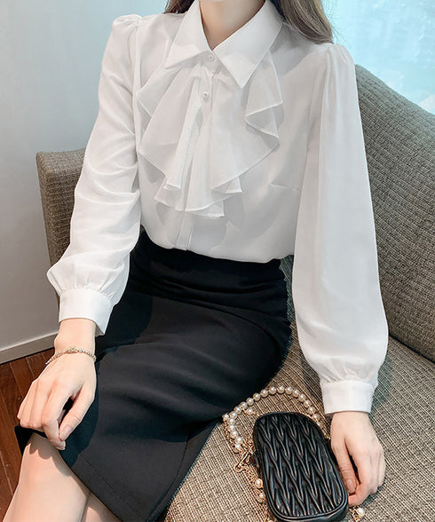 フリルリボンブラウス韓国風シャツブラウス レディース きれいめ 長袖シャツ 無地 オフィスカジュアル 通勤OL春服 フォーマルフェミニントップス 着やせ体型カバー 1YIQI-002