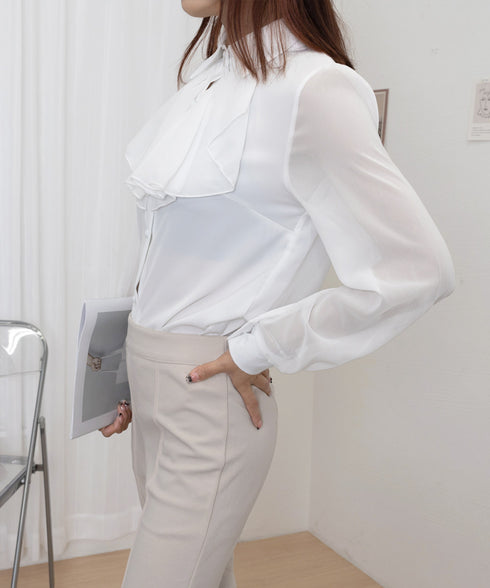 フリルリボンブラウス韓国風シャツブラウス レディース きれいめ 長袖シャツ 無地 オフィスカジュアル 通勤OL春服 フォーマルフェミニントップス 着やせ体型カバー 1YIQI-002