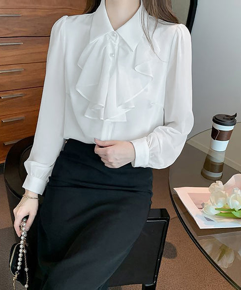 フリルリボンブラウス韓国風シャツブラウス レディース きれいめ 長袖シャツ 無地 オフィスカジュアル 通勤OL春服 フォーマルフェミニントップス 着やせ体型カバー 1YIQI-002