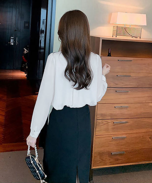 フリルリボンブラウス韓国風シャツブラウス レディース きれいめ 長袖シャツ 無地 オフィスカジュアル 通勤OL春服 フォーマルフェミニントップス 着やせ体型カバー 1YIQI-002