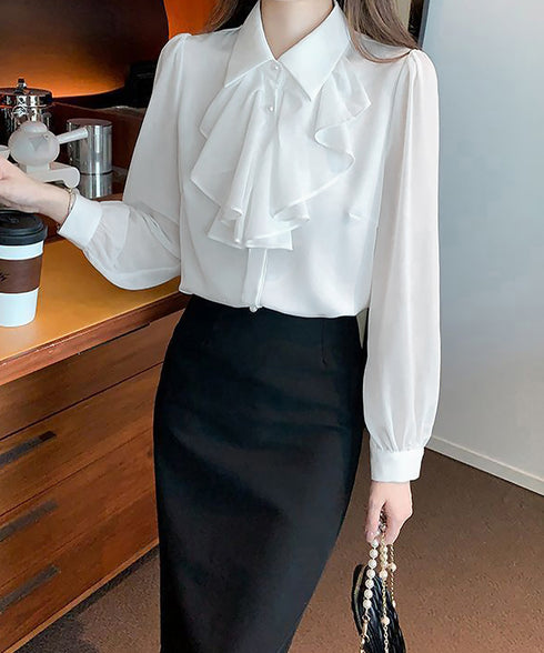フリルリボンブラウス韓国風シャツブラウス レディース きれいめ 長袖シャツ 無地 オフィスカジュアル 通勤OL春服 フォーマルフェミニントップス 着やせ体型カバー 1YIQI-002