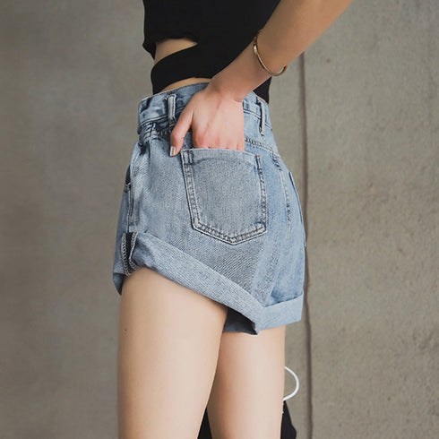 デニム ショートパンツ レディース デニム ショートパンツ レディース 裾ロールアップ ホットパンツ ウエストゴム カジュアル ジーンズ 美脚ショーパン 1YIXR-003