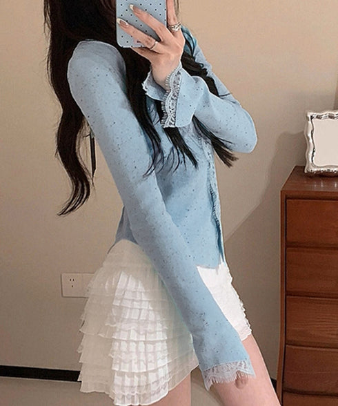 カラーネップヤーンニットカーディガン長袖 レースドッキングニットトップス レディース きれいめVネックニット羽織り キーネックニットソー おしゃれ 春秋冬セーター 1YML-001