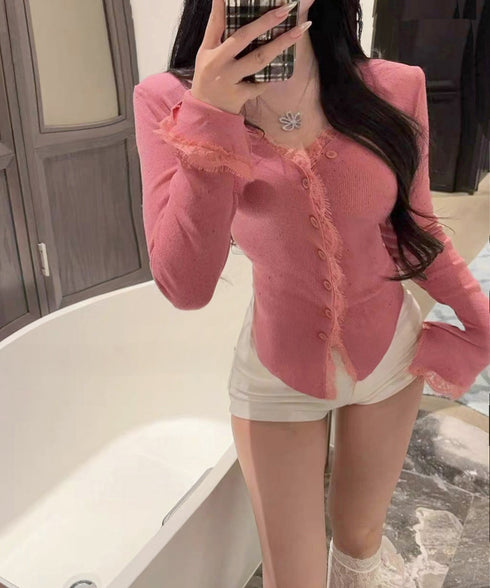 カラーネップヤーンニットカーディガン長袖 レースドッキングニットトップス レディース きれいめVネックニット羽織り キーネックニットソー おしゃれ 春秋冬セーター 1YML-001