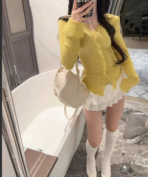 カラーネップヤーンニットカーディガン長袖 レースドッキングニットトップス レディース きれいめVネックニット羽織り キーネックニットソー おしゃれ 春秋冬セーター 1YML-001