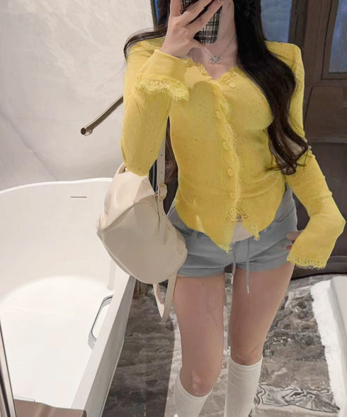 カラーネップヤーンニットカーディガン長袖 レースドッキングニットトップス レディース きれいめVネックニット羽織り キーネックニットソー おしゃれ 春秋冬セーター 1YML-001