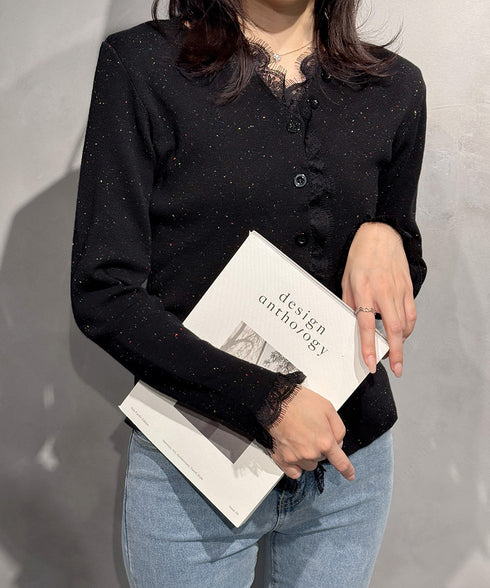 カラーネップヤーンニットカーディガン長袖 レースドッキングニットトップス レディース きれいめVネックニット羽織り キーネックニットソー おしゃれ 春秋冬セーター 1YML-001