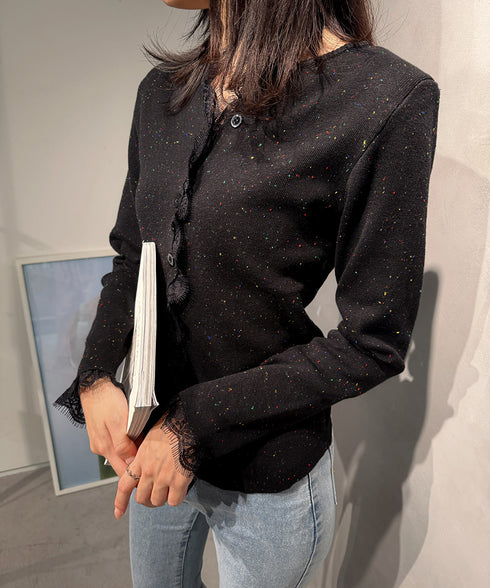 カラーネップヤーンニットカーディガン長袖 レースドッキングニットトップス レディース きれいめVネックニット羽織り キーネックニットソー おしゃれ 春秋冬セーター 1YML-001