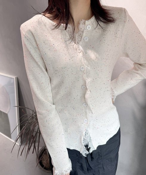 カラーネップヤーンニットカーディガン長袖 レースドッキングニットトップス レディース きれいめVネックニット羽織り キーネックニットソー おしゃれ 春秋冬セーター 1YML-001