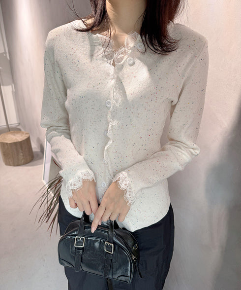 カラーネップヤーンニットカーディガン長袖 レースドッキングニットトップス レディース きれいめVネックニット羽織り キーネックニットソー おしゃれ 春秋冬セーター 1YML-001