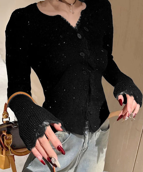 カラーネップヤーンニットカーディガン長袖 レースドッキングニットトップス レディース きれいめVネックニット羽織り キーネックニットソー おしゃれ 春秋冬セーター 1YML-001