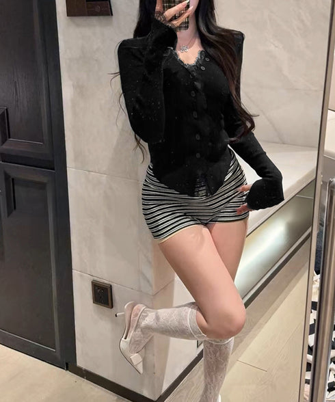 カラーネップヤーンニットカーディガン長袖 レースドッキングニットトップス レディース きれいめVネックニット羽織り キーネックニットソー おしゃれ 春秋冬セーター 1YML-001