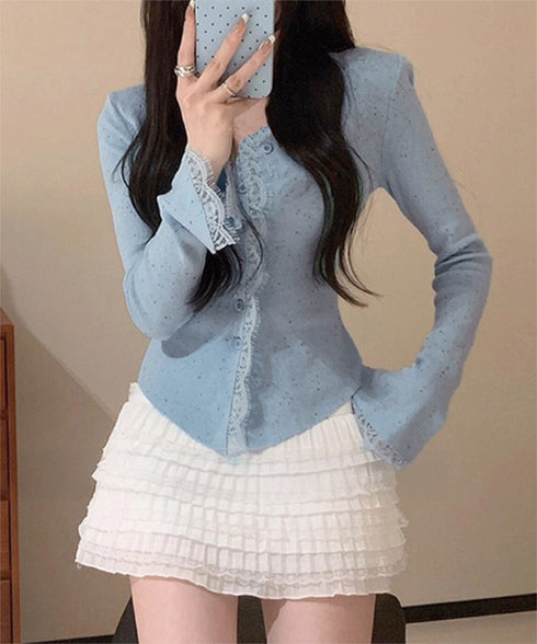 カラーネップヤーンニットカーディガン長袖 レースドッキングニットトップス レディース きれいめVネックニット羽織り キーネックニットソー おしゃれ 春秋冬セーター 1YML-001