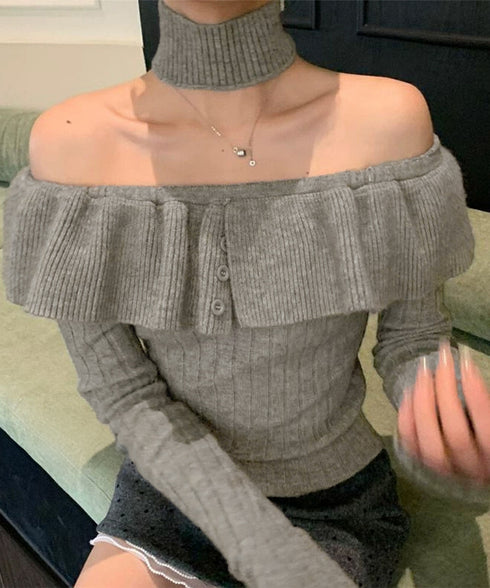チョーカーネックニットトップスオフショル レディース 大人可愛い セパレートネック リブニットカットソー オフショルダー フリルニット着やせ 2WAYトップス春秋 1YQIAN-001